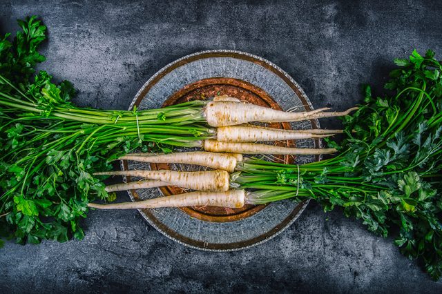 Parsnip. Fresh parsnip. Parsnip with parsley on concrete board. Several fresh parsnip pieces with parsley top. Parsley herbs. Fresh vegetable