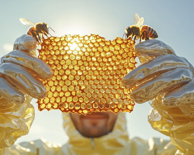 Golden honeycomb, a shining example of nature's architecture, showcases intricate hexagon patterns bathed in sunlight, creating a captivating scene of bees and honey The beekeeper, adorned in