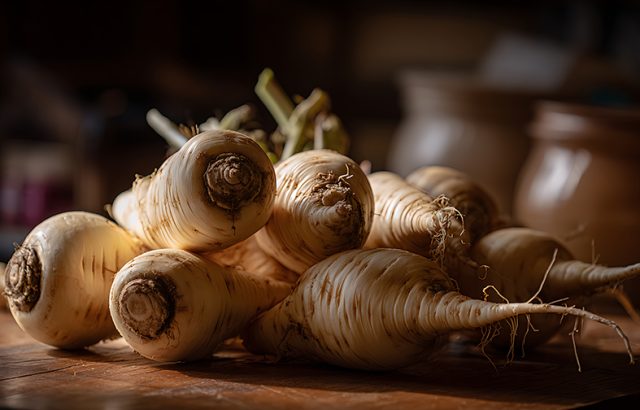 Fresh Parsnips Ready for Cooking on Wooden Surface.