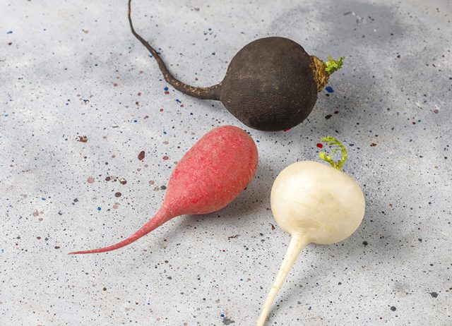 Various fresh radishes,white radish,long pink radish and black r